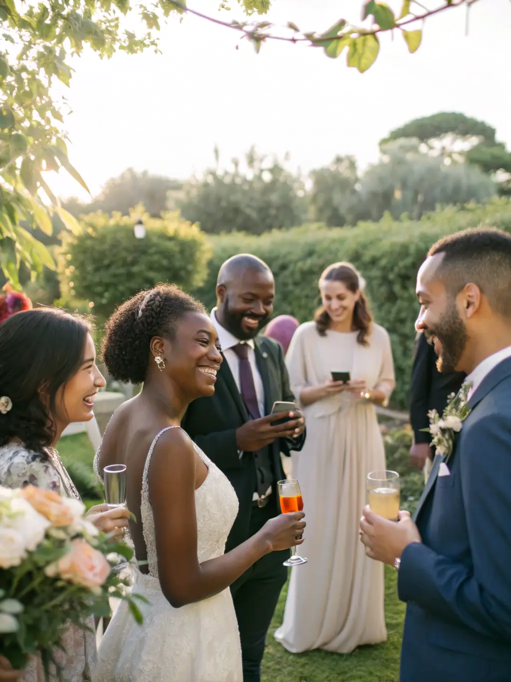 A diverse group of wedding guests smiling and celebrating after a ceremony officiated by Minister Edward Dring, highlighting his inclusivity and ability to connect with people.