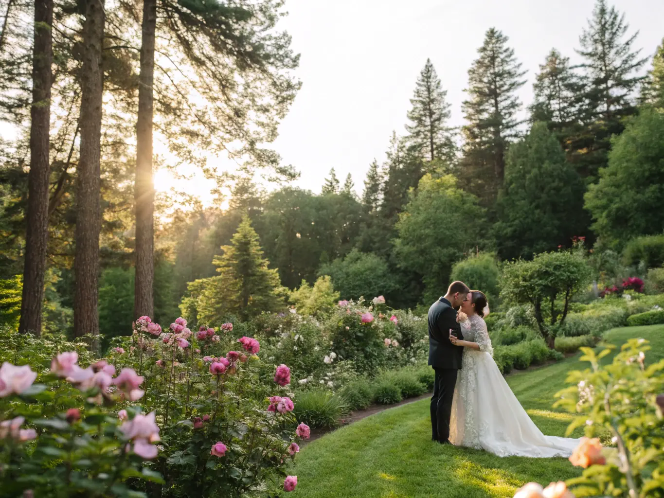 A heartwarming image of a non-religious wedding ceremony in a garden, with the couple holding hands, surrounded by nature, and Minister Edward officiating.