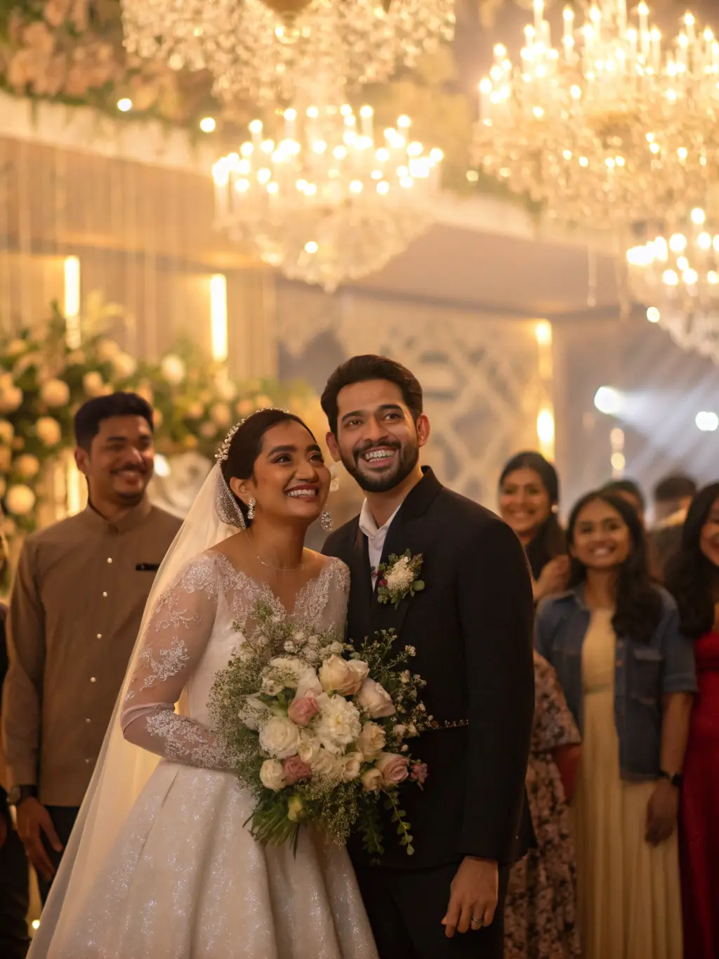 A wide shot of a wedding ceremony, capturing the couple exchanging rings, Minister Edward Dring officiating, and the guests looking on with joy. The setting is a beautifully decorated ballroom.