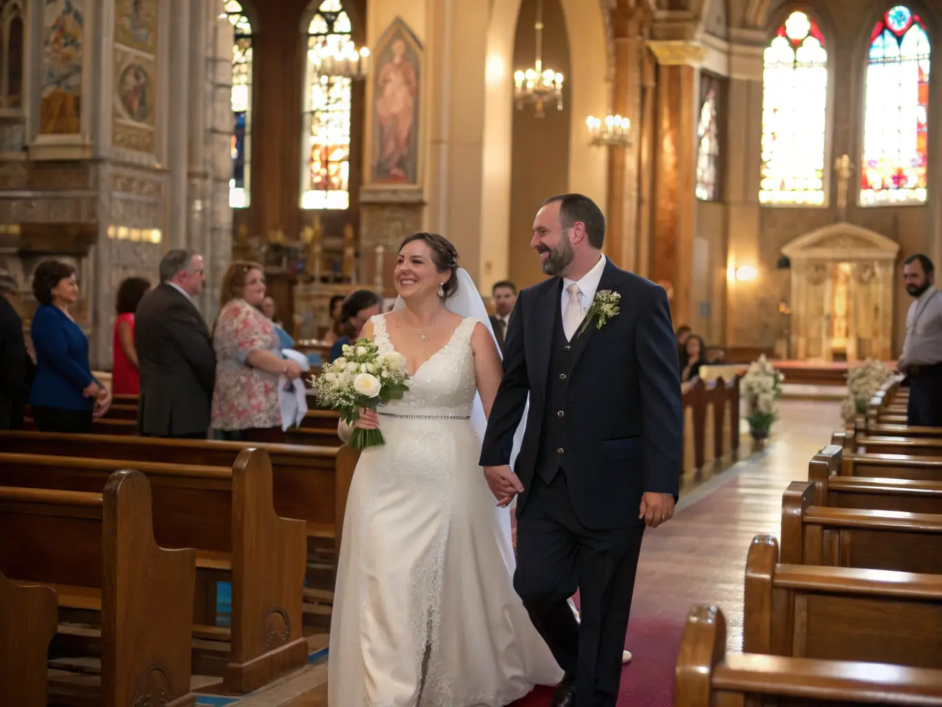 A serene image of a traditional church wedding, with the bride and groom kneeling at the altar, surrounded by family and friends, and Minister Edward officiating.