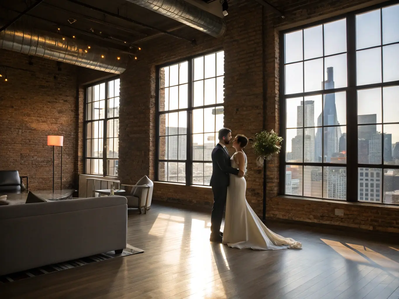 A vibrant image of a modern wedding ceremony in an urban loft, with the couple exchanging personalized vows, surrounded by contemporary decor, and Minister Edward officiating.